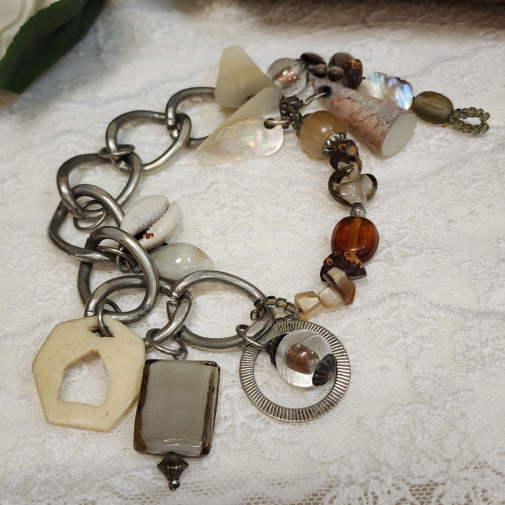 Boho Chunky Silver Toned Chain, Art Glass And Shells Charm Bracelet